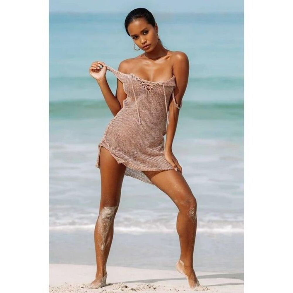 ✨Uluwatu Black Short Silver Woven Netted See Through Beach Coverup Sz L Dress✨